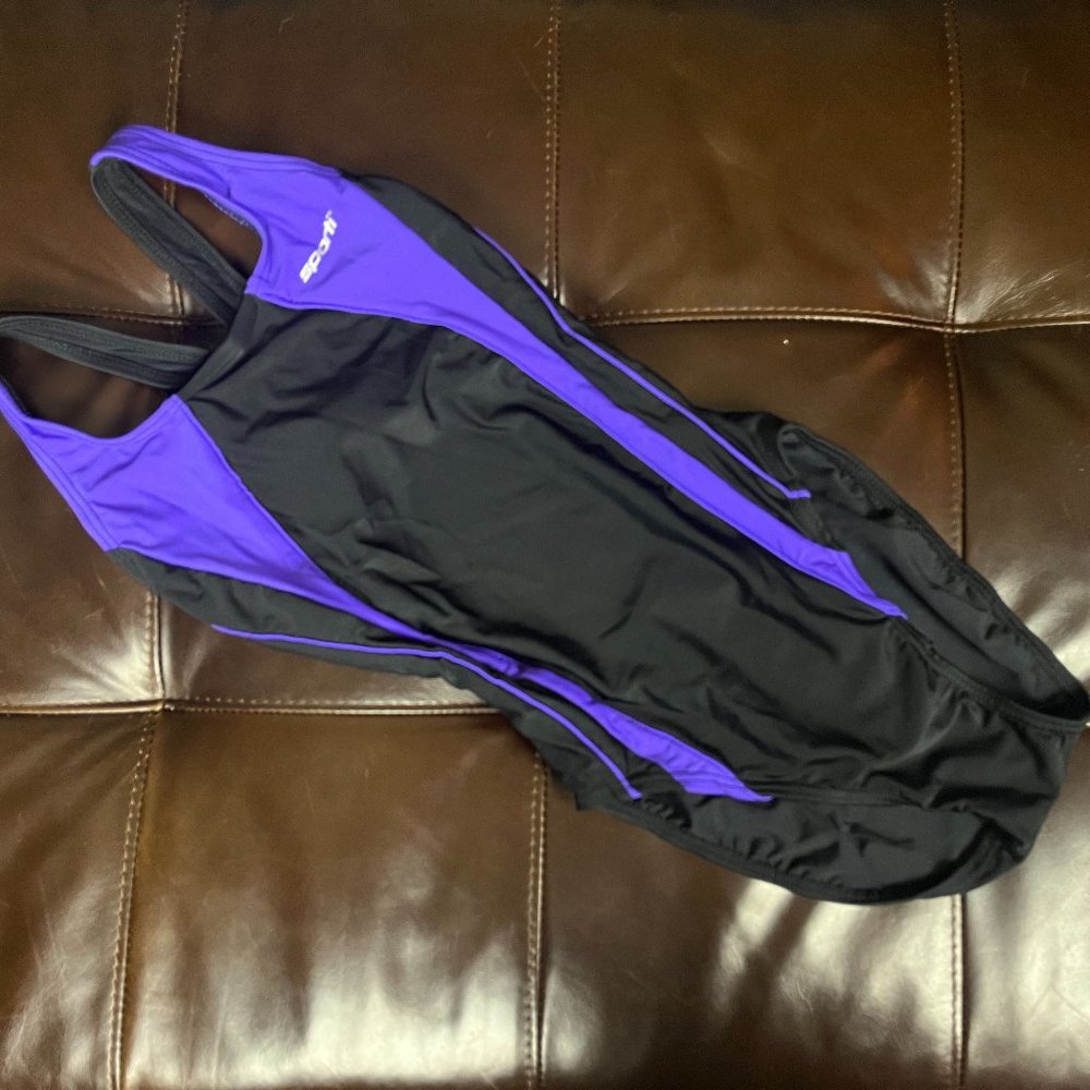 Sporti Brand One Piece Racerback Swimsuit Size 28 Black with Purple Stripe